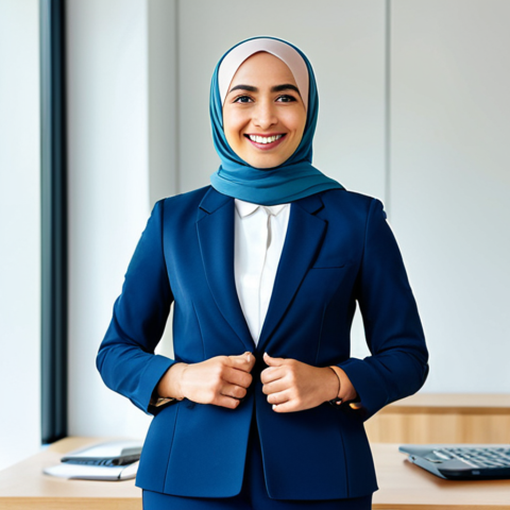 **

"A fully clothed professional businesswoman, wearing a modest hijab and a tailored business suit, smiling confidently in a modern, bright office. Natural lighting, perfect anatomy, well-formed hands, proper finger count, appropriate attire, safe for work, professional, modest, family-friendly."

**