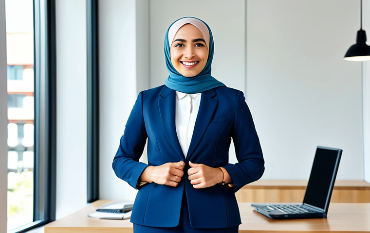 **

"A fully clothed professional businesswoman, wearing a modest hijab and a tailored business suit, smiling confidently in a modern, bright office. Natural lighting, perfect anatomy, well-formed hands, proper finger count, appropriate attire, safe for work, professional, modest, family-friendly."

**