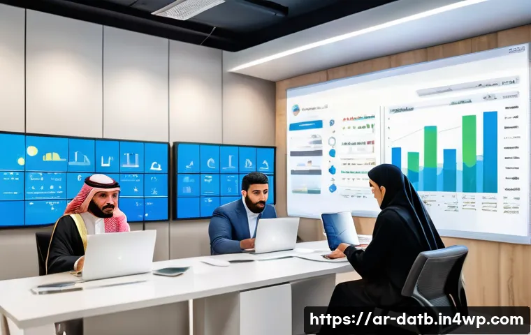 고객의 니즈 파악을 위한 분석 도구 - A modern Arab digital marketing office scene showing diverse professionals analyzing consumer behavi...