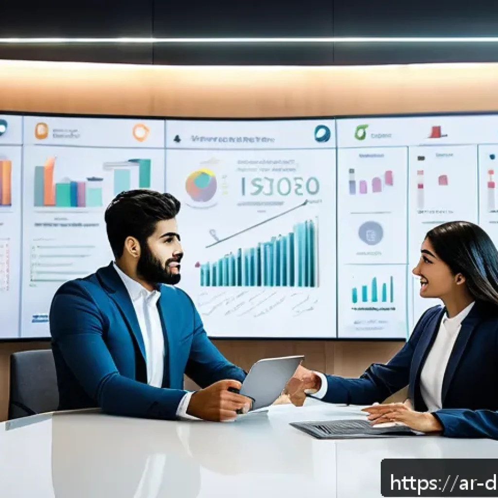 고객 데이터 분석을 통한 매출 증대 전략 - A modern Middle Eastern marketing team in a sleek, glass-walled office, analyzing interactive digita...